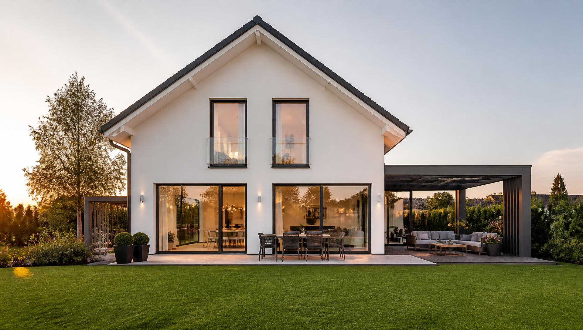 Modernes Wohnhaus mit großen Fenstern in der Abendsonne